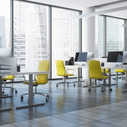 Wooden wall open space office interior with panoramic windows, columns and rows of tables with computer monitors on them. Side view. 3d rendering mock up